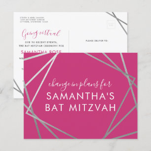 Carte Postale Faire-part Bat mitzvah Changement de plans Moderne rose argen