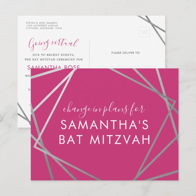 Carte Postale Faire-part Bat mitzvah Changement de plans Moderne rose argen (Devant / Derrière)