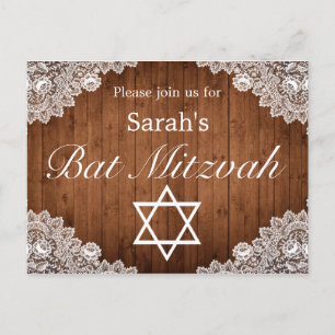 Carte Postale Faire-part Bat mitzvah de bar en dentelle rustique et blanc