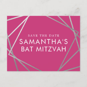 Carte Postale Faire-part Bat mitzvah moderne rose et argent Enregistrer la 