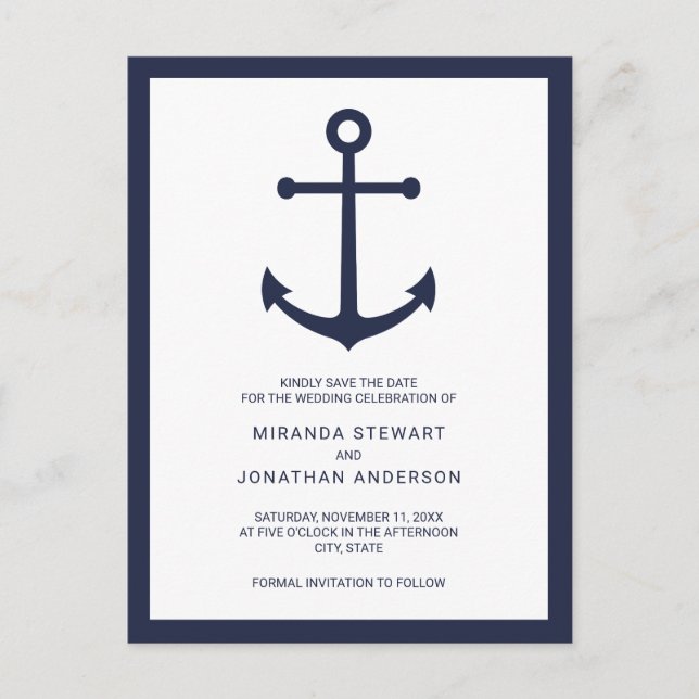 Carte Postale Faire-part Bateau Ancre Bleu Marine Mariage Enregistrer la Da (Devant)