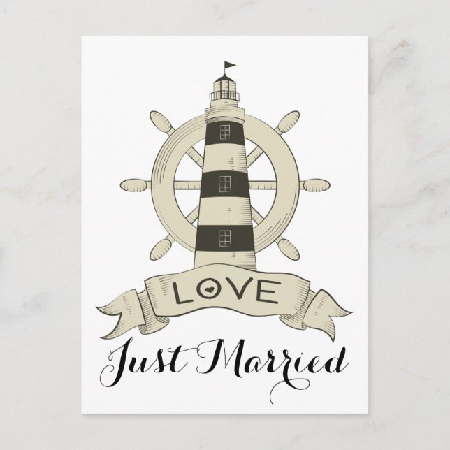 Carte Postale Faire-part Bateau Brown Nautique Juste Marié Lighthouse (Devant)