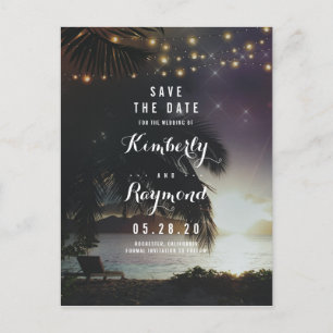 Carte Postale Faire-part Beach Sunset et String Lights Enregistrer la date