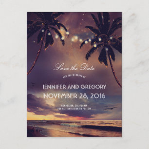 Carte Postale Faire-part Beach Sunset Palms String Lights Enregistrer la da