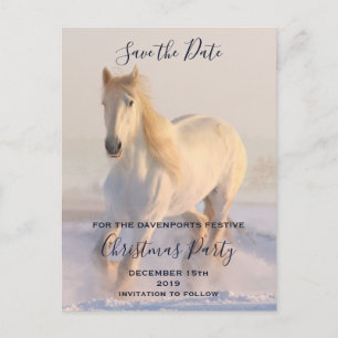 Carte Postale Faire-part Beau Cheval blanc dans la neige Sauvez la date