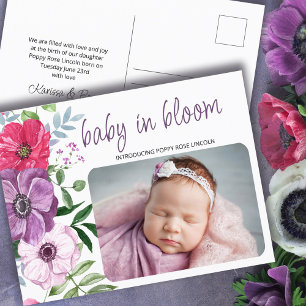Carte Postale Faire-part Bébé en fleurs Fleurs roses violettes Photo Naissa