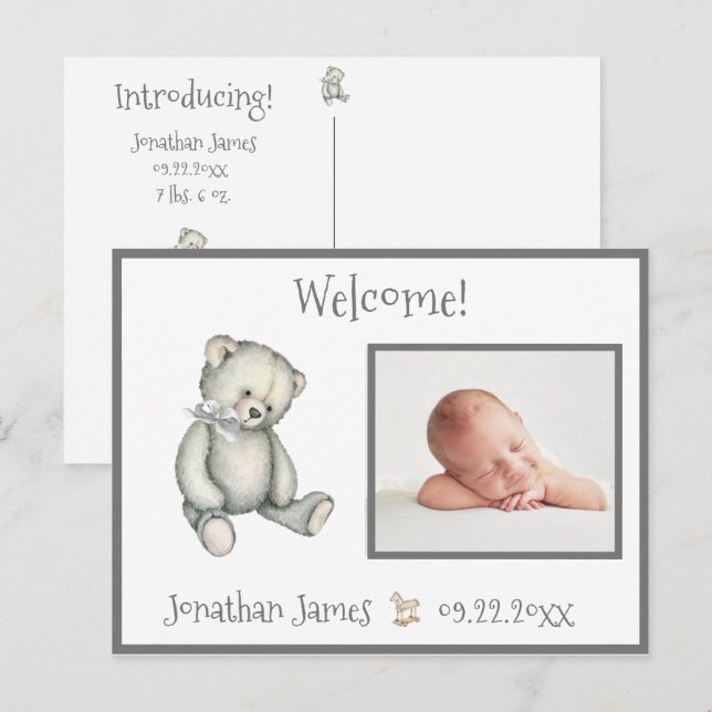 Carte Postale Faire-part Bébé Gris Neutre Typographie Nom Statistiques (Devant / Derrière)