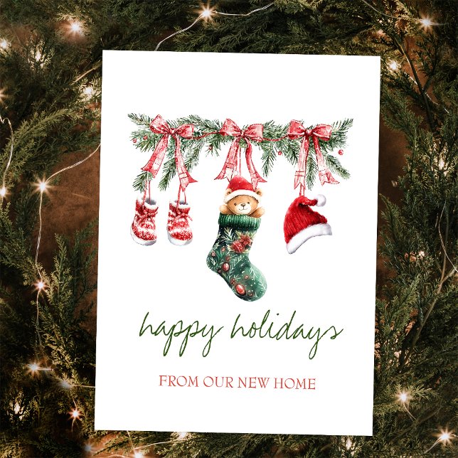 Carte Postale Faire-part Bébé ours de Noël au Père Noël rouge sur fil à lin (Créateur téléchargé)