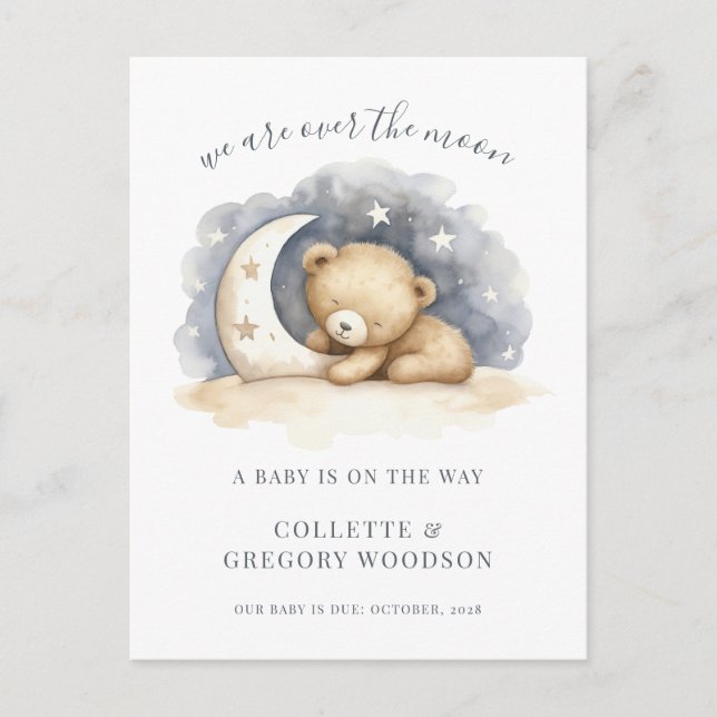 Carte Postale Faire-part Bébé ours sur la lune lune étoiles grossesse  (Devant)