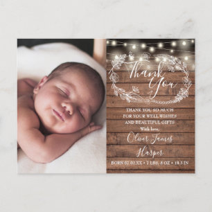 Carte Postale Faire-part Bébé Photo Rustique String Lumières Merci Naissanc