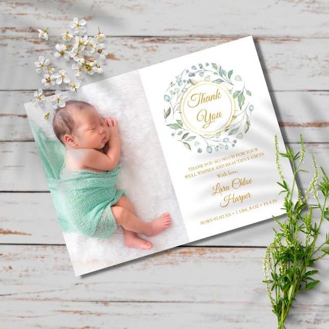 Carte Postale Faire-part Bébé Photo Verdure Floral Gold Merci Naissance (Créateur téléchargé)