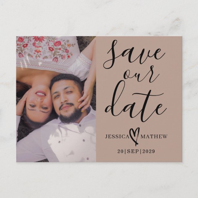 Carte Postale Faire-part Beige & noir moderne Enregistrer le script de date (Devant)