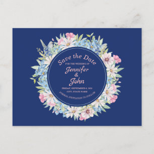 Carte Postale Faire-part Belle couronne florale Bleu mariage Enregistrer la