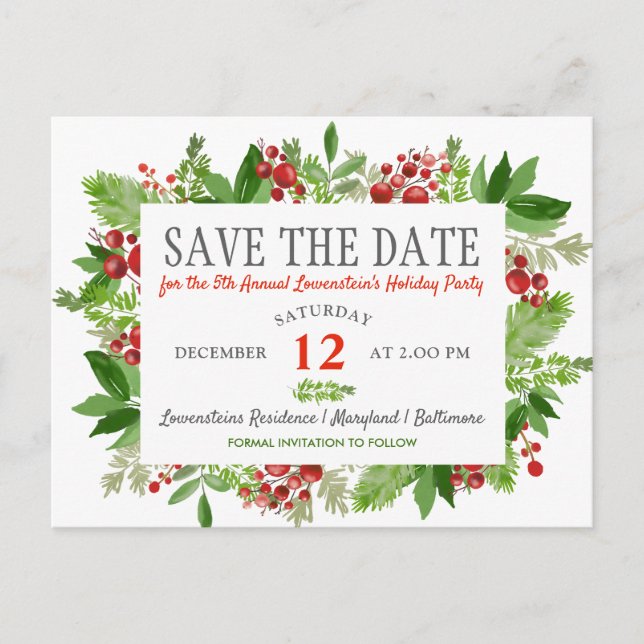 Carte Postale Faire-part Berry Holly Christmas Holiday Party Sauvez la date (Devant)