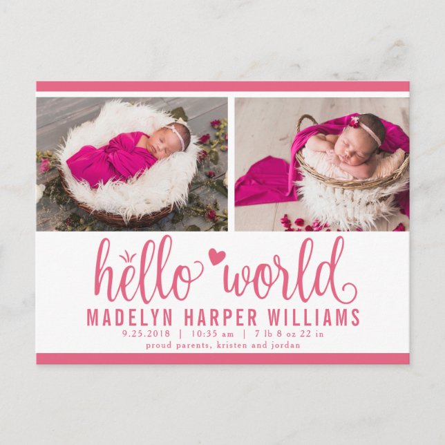 Carte Postale Faire-part Berry Pink Hello World Photo Birth Stat (Devant)