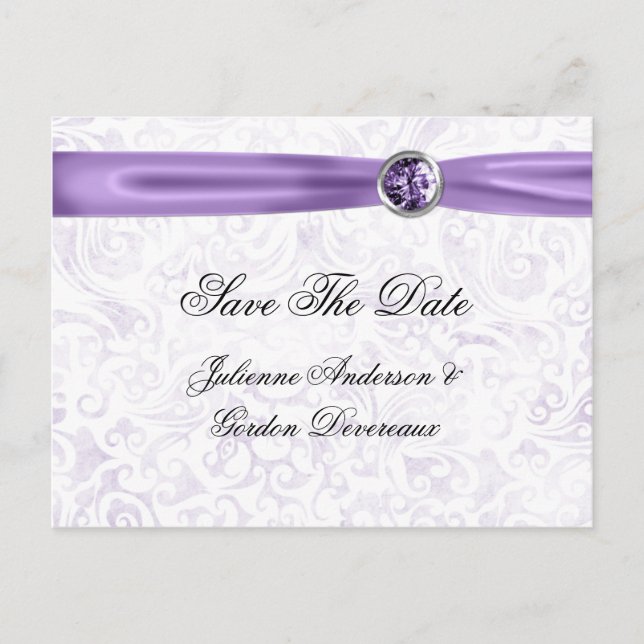 Carte Postale Faire-part Bijoux en ruban violet blanc Damas Sauvez La Date (Devant)