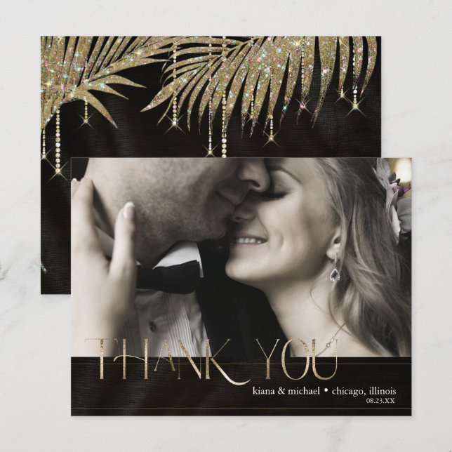 Carte Postale Faire-part Bijoux feuille Mariage Merci Gold ID830 (Devant / Derrière)
