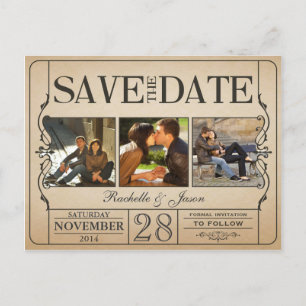Carte Postale Faire-part Billet Vintage Enregistrer la Date -- 3 images 2.0