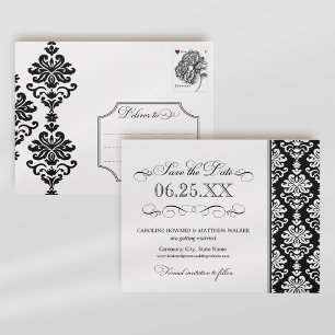Carte Postale Faire-part Black and White Elegant Damask Enregistrer la date