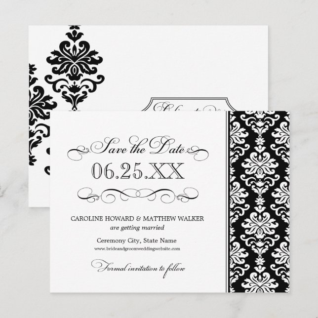 Carte Postale Faire-part Black and White Elegant Damask Enregistrer la date (Devant / Derrière)
