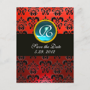 Carte Postale Faire-part BLACK BLANC ET ROUGE DAMASK BLEU GEM Monogramme