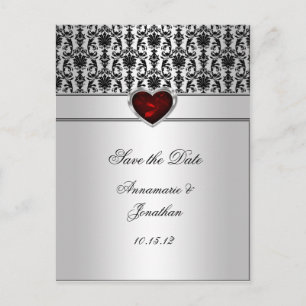 Carte Postale Faire-part Black Damask Red Jewel Heart Argent Sauvez La Da