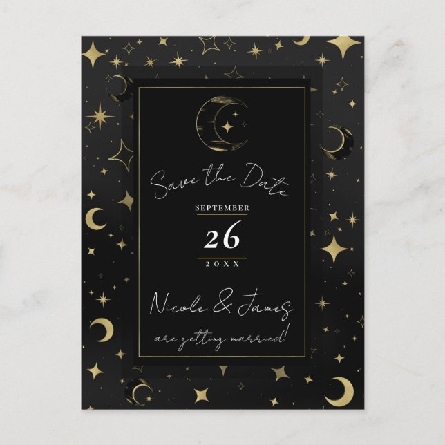 Carte Postale Faire-part Black & Gold Celestial Moon & Stars Enregistrer la (Devant)