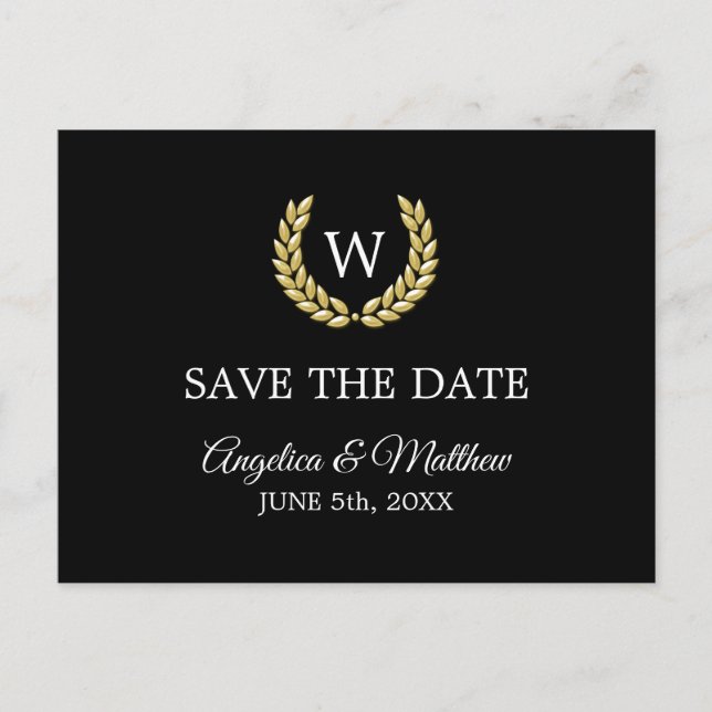 Carte Postale Faire-part Black Gold Laurel Monogramme ENREGISTRER LE Mariag (Devant)