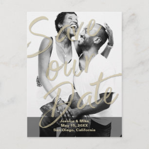 Carte Postale Faire-part Black Gold Modern Photo Script Enregistrer Notre D