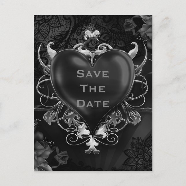 Carte Postale Faire-part Black Gothic Love Heart Wedding Enregistrer la dat (Devant)
