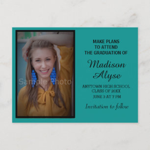 Carte Postale Faire-part Black Turquoise Photo Graduation Enregistrer la ca