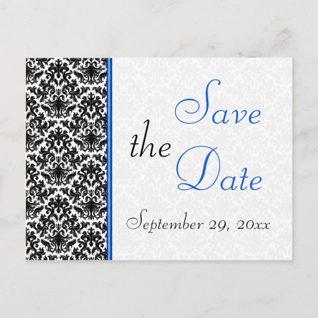 Carte Postale Faire-part Black, White, Blue Damask Enregistrer la date Cart (Devant)