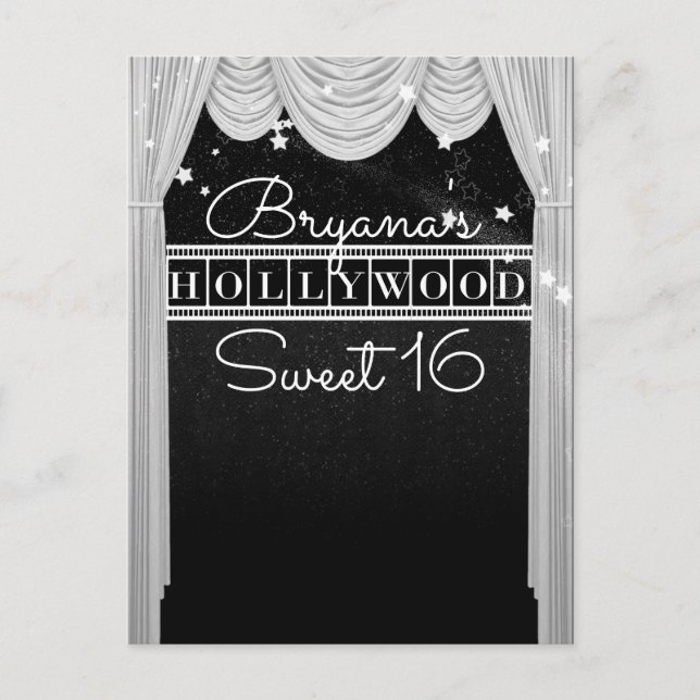 Carte Postale Faire-part Black & White HOLLYWOOD rideaux élégante fête (Devant)