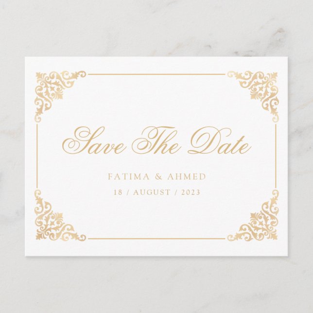 Carte Postale Faire-part Blanc Baroque Musulman Sauvez La Date Annonce (Devant)