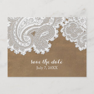 Carte Postale Faire-part Blanche dentelle et Brown rustique chic mariage él
