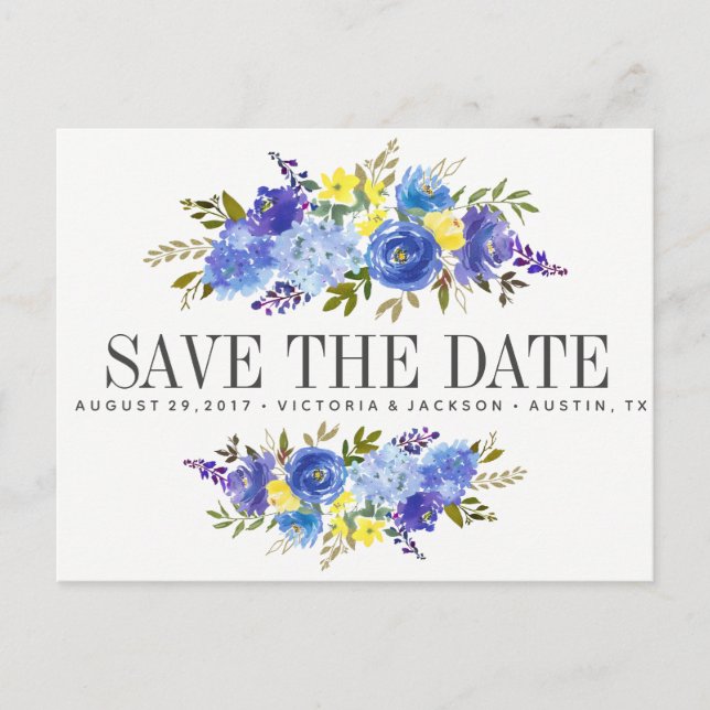 Carte Postale Faire-part Bleu clair Fleurs jaunes MARIAGE enregistrer la da (Devant)