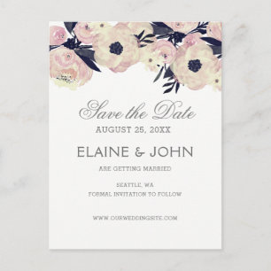 Carte Postale Faire-part Bleu & Coral Rose Floral mariage enregistrer les d