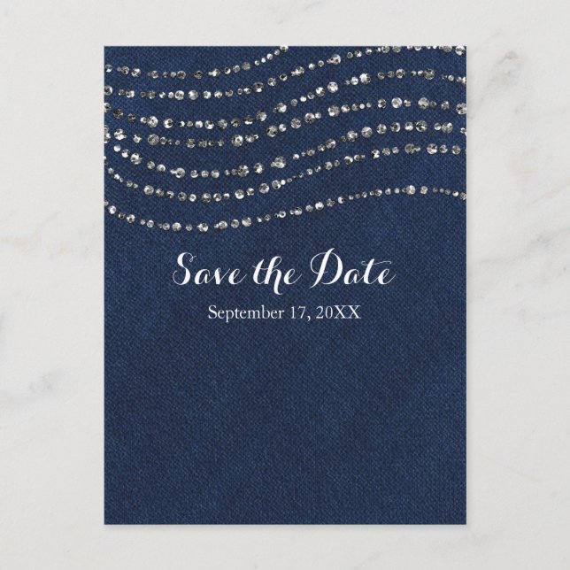 Carte Postale Faire-part Bleu Denim & Diamants Sparkle Bling Enregistrer La (Devant)