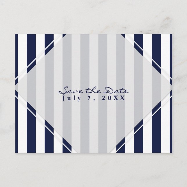 Carte Postale Faire-part Bleu et blanc Grandes bandes Moderne Chic Enregist (Devant)