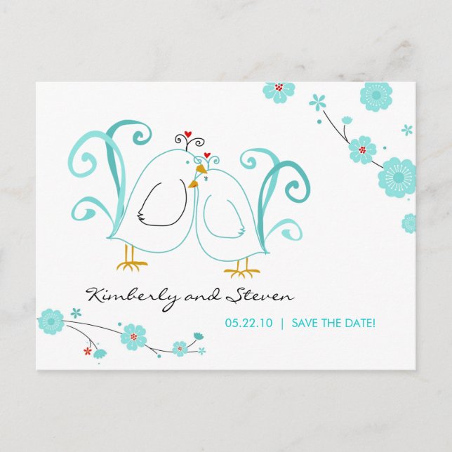 Carte Postale Faire-part Bleu Lovebirds Sauvez les dates (Devant)