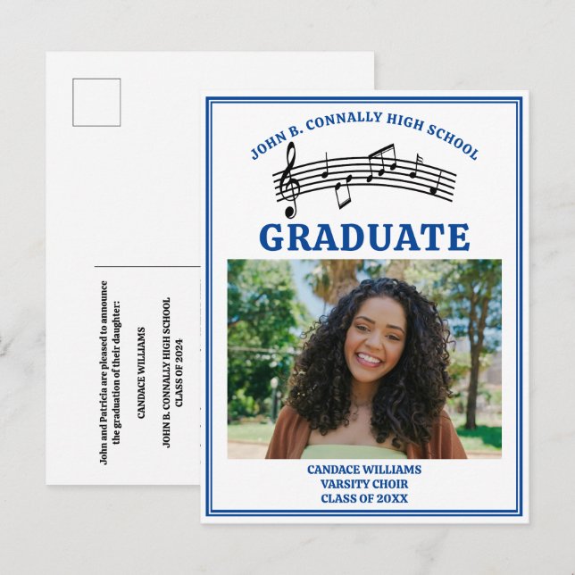 Carte Postale Faire-part Bleu Lycée Chorale Photo Graduation (Devant / Derrière)