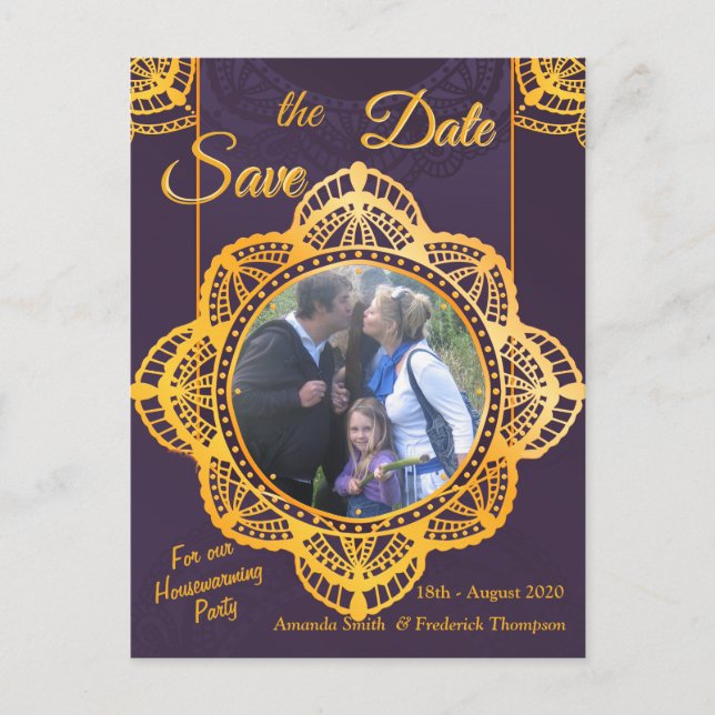Carte Postale Faire-part Bleu marine et ou violet avec mandalas dorés (Devant)