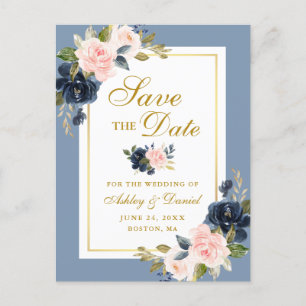 Carte Postale Faire-part Bleu Poussiéreux Rose Floral Enregistrer la Date O