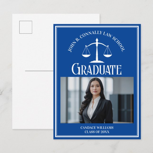Carte Postale Faire-part Bleu White Law School Photo Graduation (Devant / Derrière)