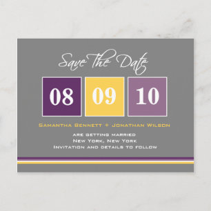 Carte Postale Faire-part Blocs de date Enregistrer la date - Purple/Jaune