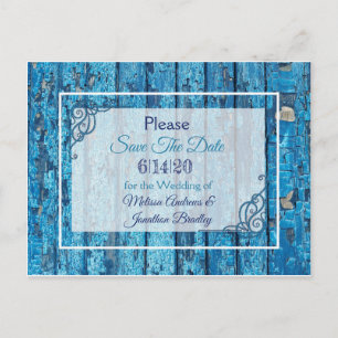 Carte Postale Faire-part Blue Antique Mariage Patiné en bois Enregistrer la