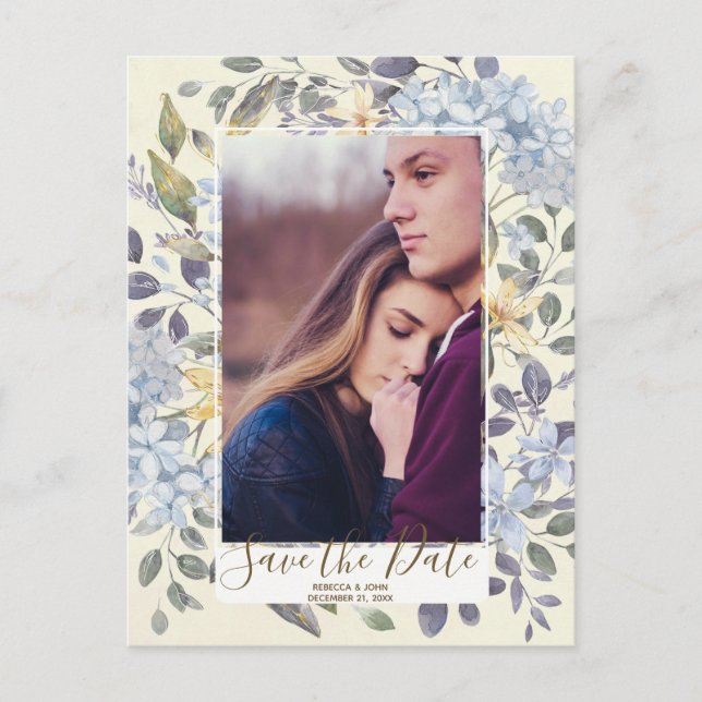 Carte Postale Faire-part Blue floral hydrangea photo enregistrer la date (Devant)
