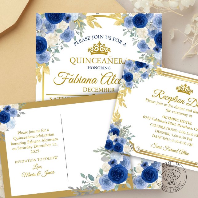 Carte Postale Faire-part Blue & Gold Floral Save the Date (Créateur téléchargé)