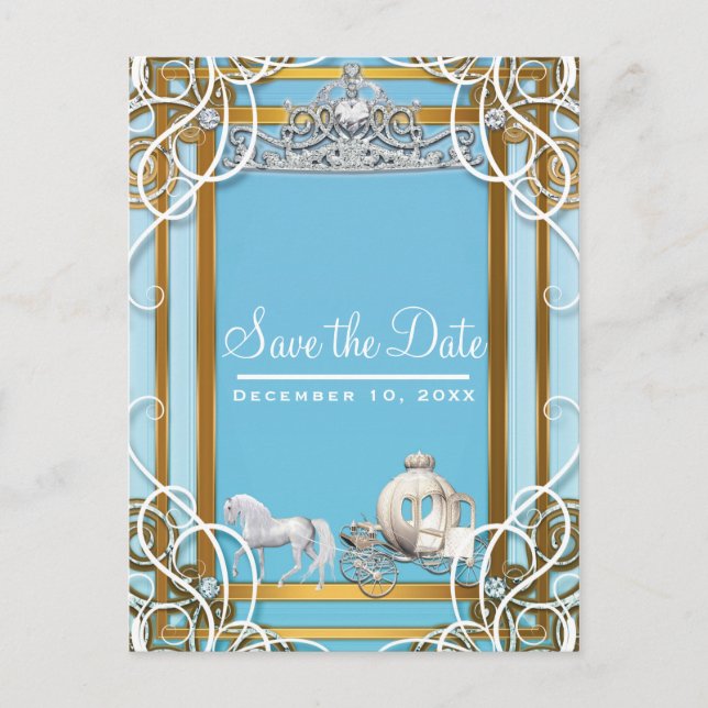 Carte Postale Faire-part Blue Gold Princess Crown & Carriage Enregistrer la (Devant)