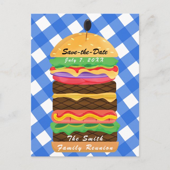 Carte Postale Faire-part Blue Hamburger Summer Cookout Barbecue BBQ Party (Devant)